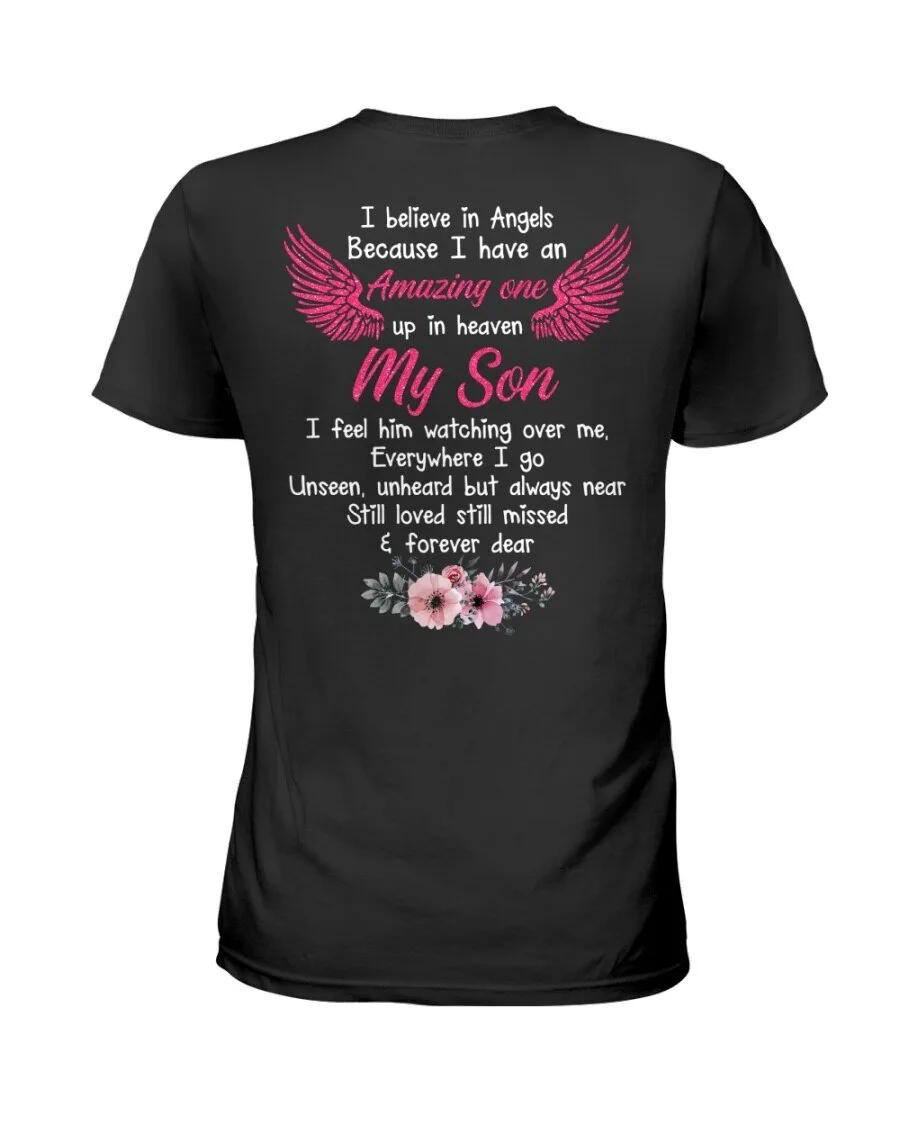 T-Shirt with Pink Wings and Memorial Quote for My Son, One Up in Heaven