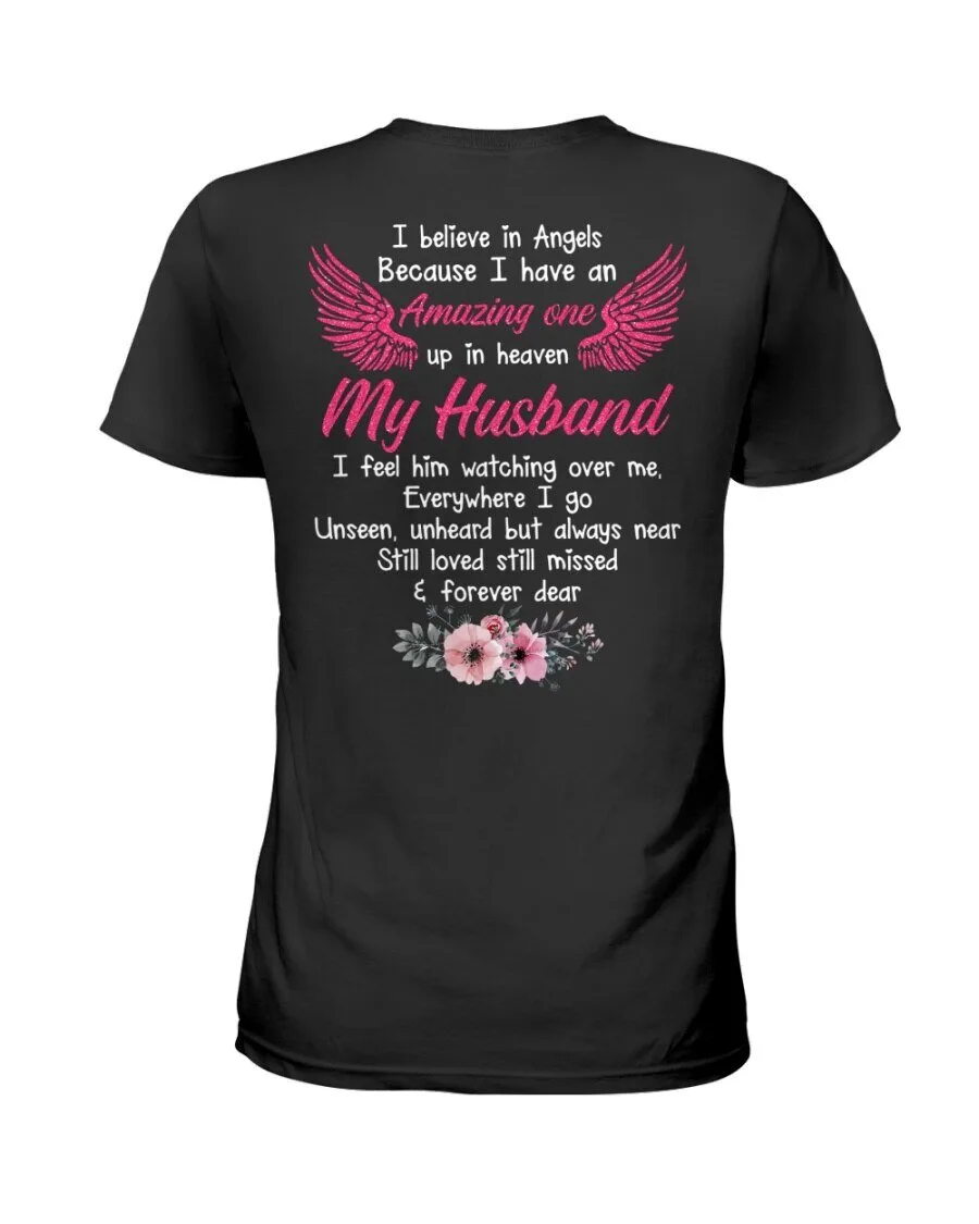 My Husband In Heaven Memorial Quote Pink Angel Wings Black T-Shirt