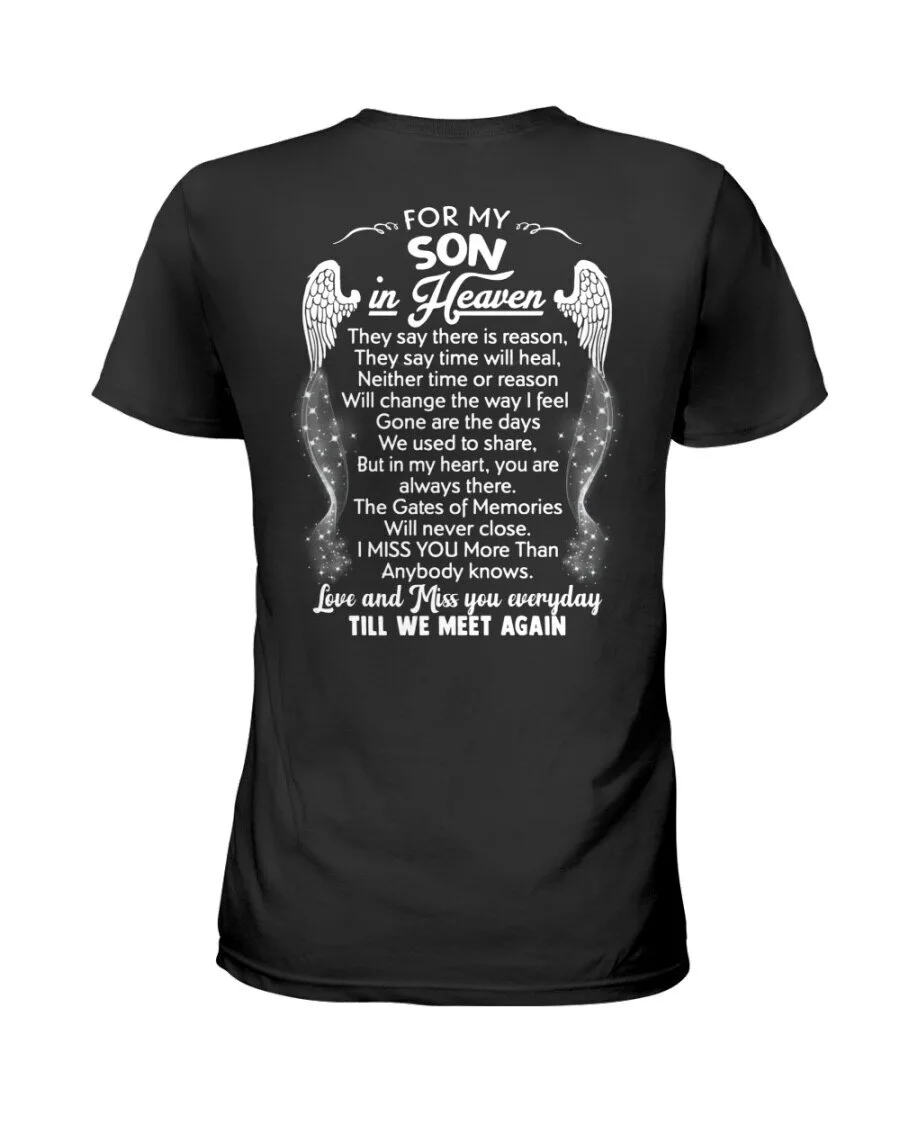 For My Son In Heaven Memorial Quote Angel Wings Black T-Shirt