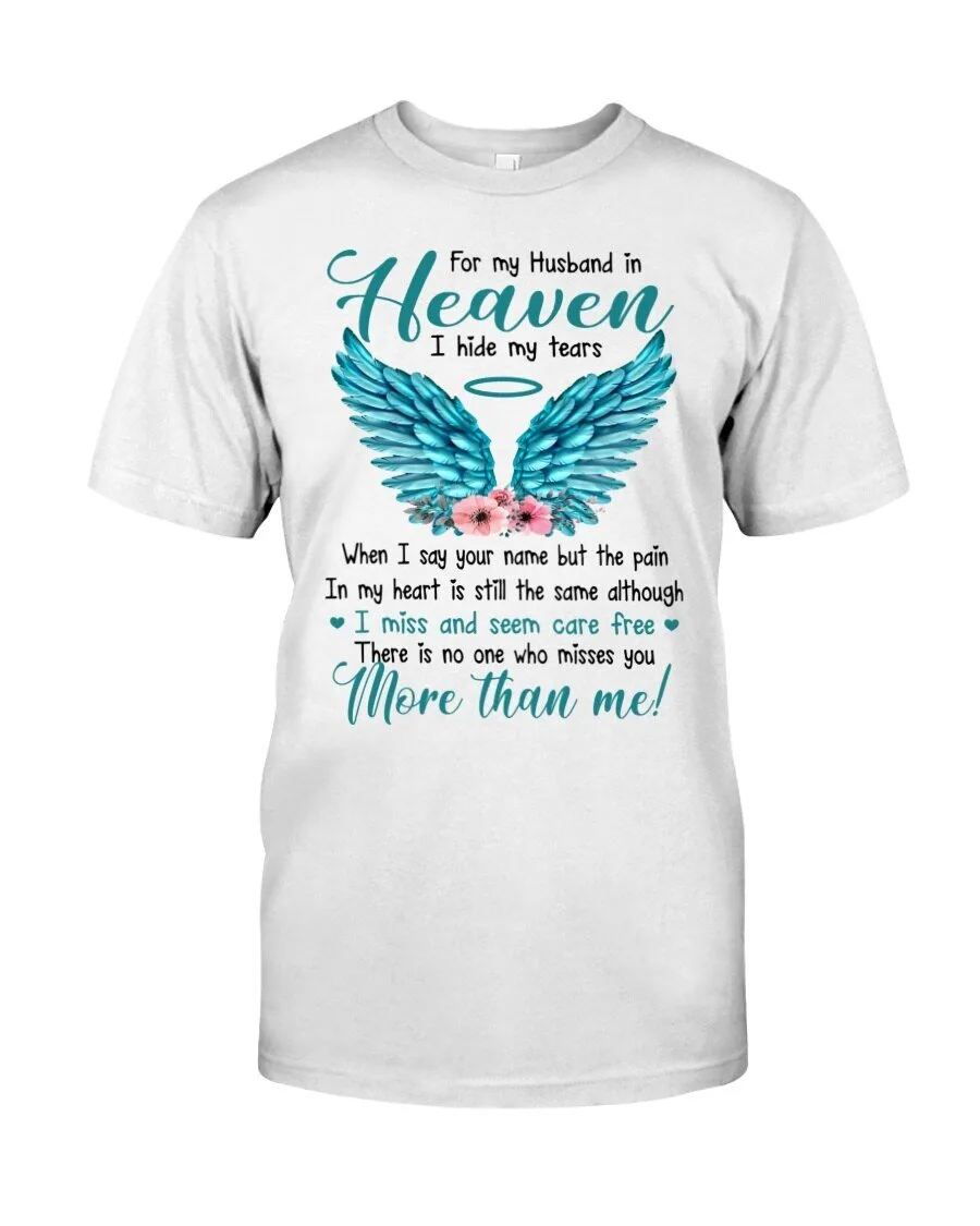 Memorial Angel Wings T-Shirt for Husband in Heaven - I Hide My Tears